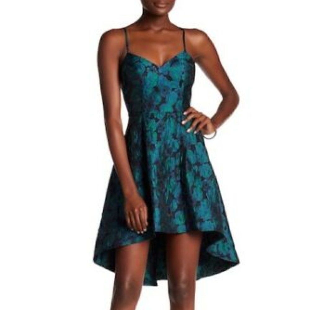 Ali & Jay High Low Floral Jacquard Blue Green Dress Spaghetti Straps
